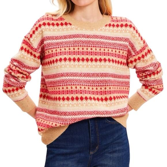 LOFT Sweaters - LOFT Striped Fair Isle Everyday Sweater Cotton Blend Red and Tan Size Large